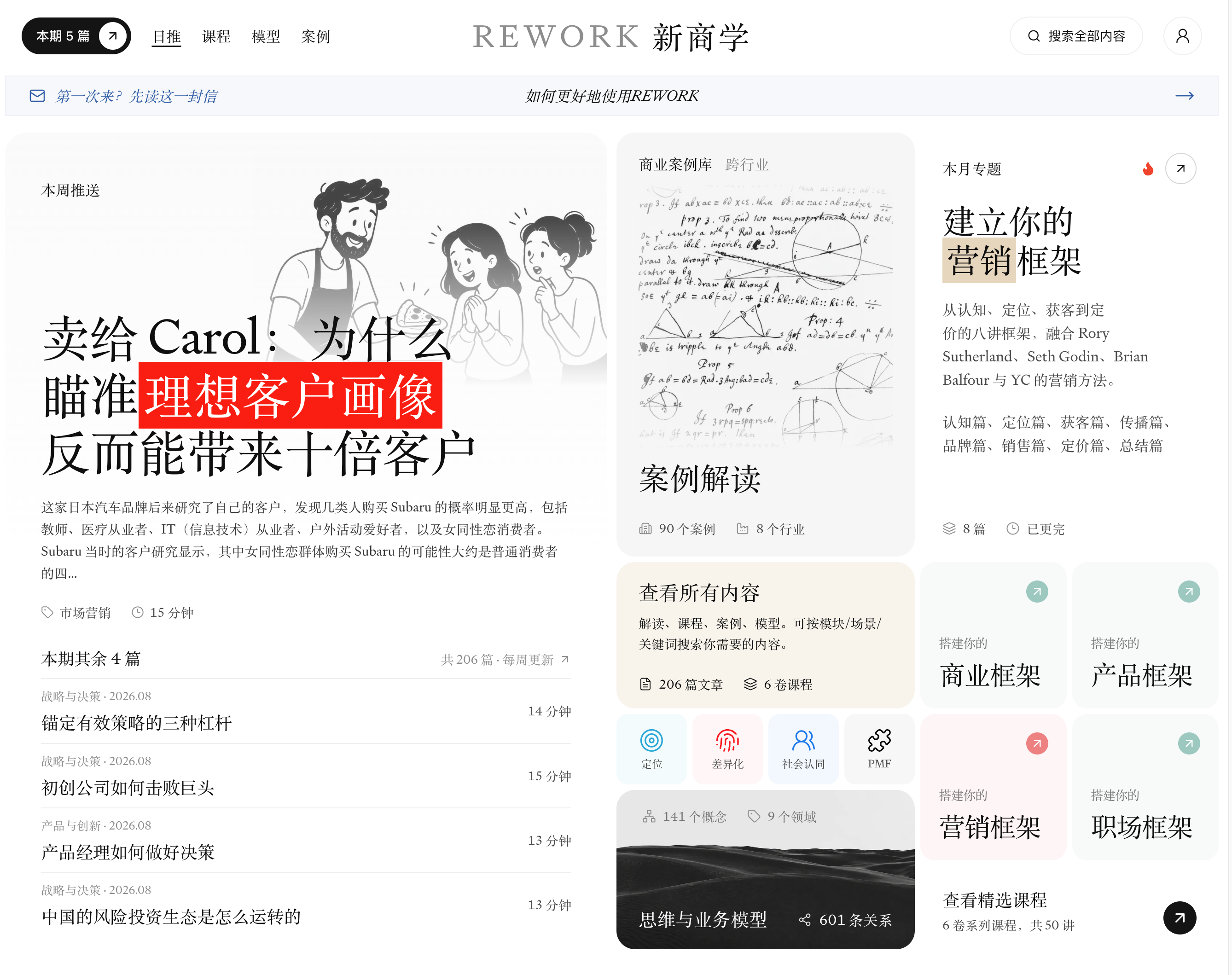 Rework 阅览室实景：本期文章、商业案例、商学专题与思维模型；手机端完整展示问候、搜索、文章卡片和底部导航